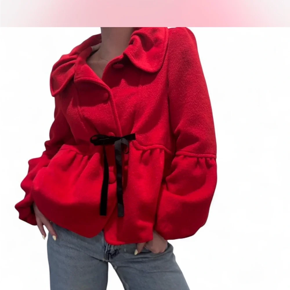 Vintage Red Peplum‎ Coat Jacket Velvet Bow Detail Romantic Statement Size S